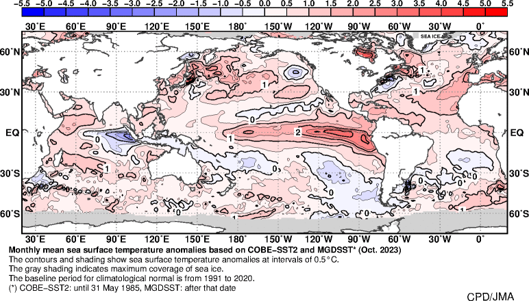 Monthly mean sea surface temperature (SST) anomaly (&deg;C) in November 2002 during the mature phase of the 2002-2003 El Ni&ntilde;o event